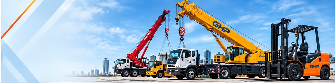Đội xe cẩu, xe tải và xe nâng tại bãi tập kết thiết bị